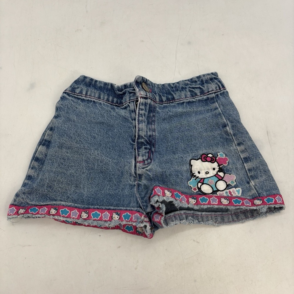 VTG Hello Kitty Sanrio Smiles Shorts Girls 4T Toddler Fringe Denim Made In USA